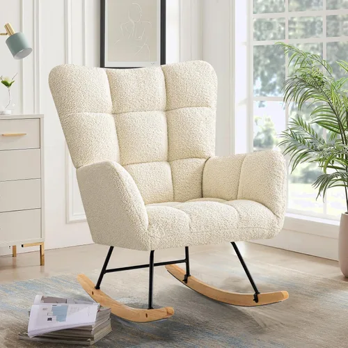 Vista 11 de Furniliving - Mecedora tapizada para cuarto de bebé, silla balancín moderna con asiento acolchado, silla de lectura con respaldo alto y cómoda