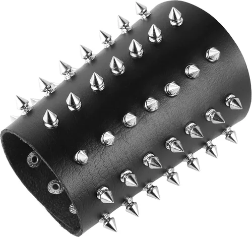 Vista 7 de HZMAN Pulsera de cuero con correa ancha unisex con tachuelas de metal negro