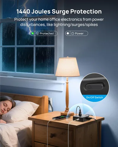 Vista 6 de TROND Regleta protectora de sobretensiones, cable de extensión de enchufe plano de 5 pies con 8 tomas de corriente y 4 puertos USB (3 USB C), 1625