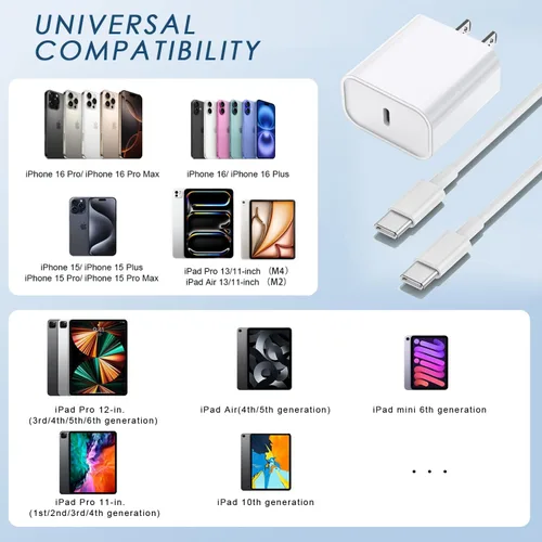 Vista 4 de Cargador para iPhone 16/15 Pro Max de carga rápida, bloque de cargador USB C de 20 W, paquete de 3 cables de carga rápida tipo C, cable de carga