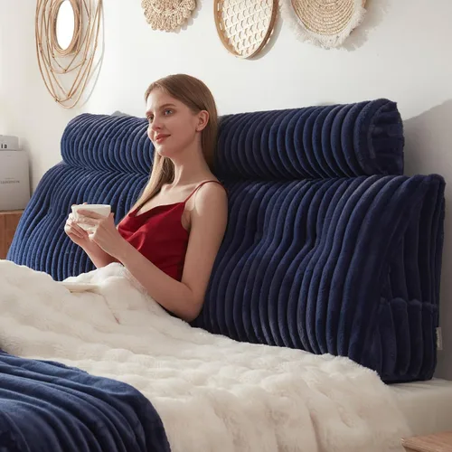 Vista 18 de Almohada de cabecero + Una almohada larga de cuello enrollado Almohada para el cuerpo, almohada de cuña de cabecero de pelo sintético con funda Beige