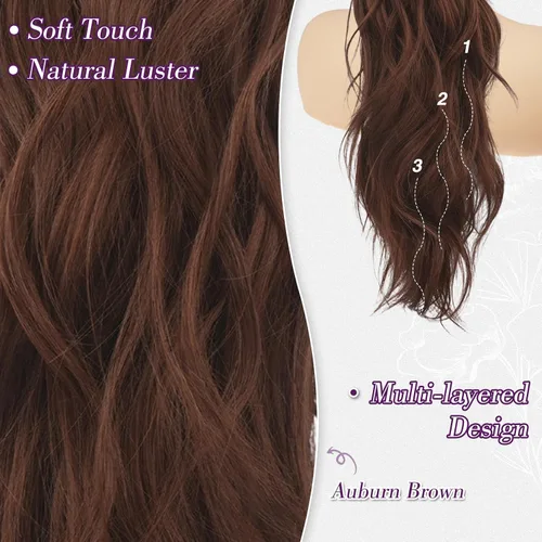 Vista 4 de BARSDAR 25 Inch Synthetic Dual Claw Clip Auburn Brown Loose Wavy Ponytail