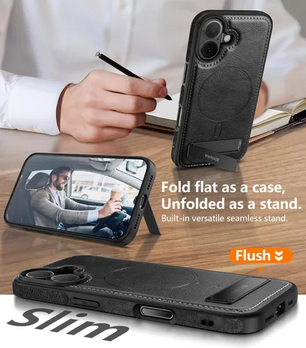 Vista 2 de WTCASE Funda magnética de piel para iPhone 17, soporte invisible integrado [compatible con Magsafe], funda protectora delgada con función atril