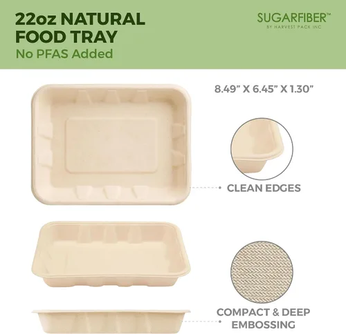 Vista 2 de 100 unidades Harvest Pack 22 oz Bandejas de comida compostables, 21.56 cm x 16.38 cm x 3.3 cm Contenedor de comida desechable LIBRE de PFAS, platos