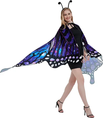 Vista 3 de Alas de mariposa para mujer, disfraces de Halloween, alas de hada, tela suave para adultos, con máscara facial para fiesta, accesorio personalizado..