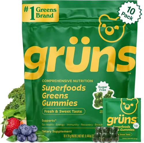 Vista 10 de Gruns - Gomitas Super Greens para Adultos, Ositos de Goma Multivitamínicos de Superalimentos, Espirulina, Clorela, Prebióticos y Gomitas de Fibra