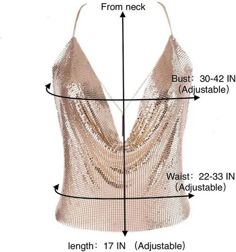 Vista 6 de Camisetas sexys doradas para mujer, con cuello en V profundo y brillante, camisetas sin mangas, camisola con cadena