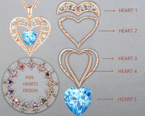 Vista 11 de Collar de cristal de 5 corazones, chapado en oro rosa de 18 quilates, colgante con cadena de plata de ley 925 de 18 + 2 pulgadas, joyería de piedra