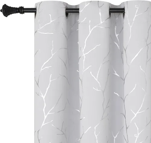 Vista 13 de BUHUA Cortinas pequeñas para ventana de 36 pulgadas de largo, 2 paneles, cortinas opacas con elegantes ramas de árbol plateadas, cortinas de bloqueo