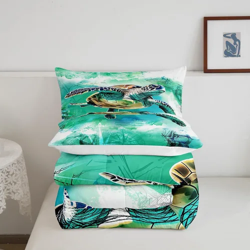 Vista 5 de Juego de edredón de tortuga marina para niños, tamaño individual, juego de ropa de cama con brújula náutica del océano, juego de edredón retro