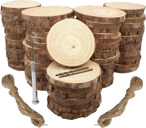 Vista 8 de Rebanadas de madera natural sin terminar, 40 unidades de círculos de madera de 3.2 a 4 pulgadas para manualidades, adornos de Navidad, kit de madera