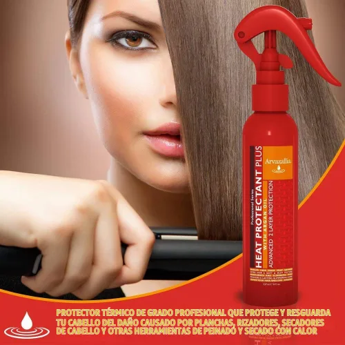 Vista 3 de Protector de calor plus con aceite de argán, protector térmico de grado profesional, acondicionador sin enjuague, antifrizz y spray para brillo