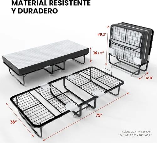 Vista 2 de EconoHome Cama Plegable con Colchón - Marco Tamaño Twin de 75x38 Pulgadas - Cama de Invitados Portátil Plegable Rollaway con Colchón de Espuma