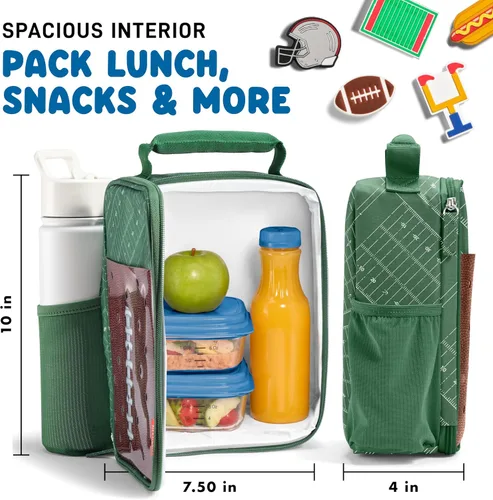 Vista 5 de Fit & Fresh Lonchera personalizable con dije para niños y niñas, lonchera infantil de fútbol con 6 dijes deportivos, bolsa de almuerzo reutilizable