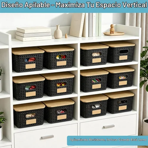 Vista 3 de Contenedores pequeños de plástico con tapas de bambú de 5.2 cuartos de galón, cesta apilable para despensa, contenedores decorativos lindos