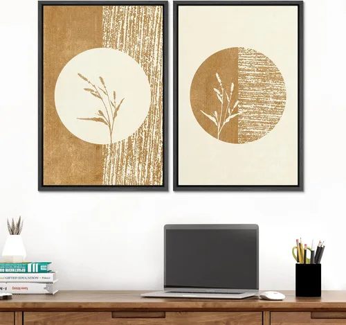 Vista 3 de SIGNFORD Lienzo enmarcado para pared, juego de arte geométrico retro de mediados de siglo, plantas forestales, ilustraciones con formas abstractas