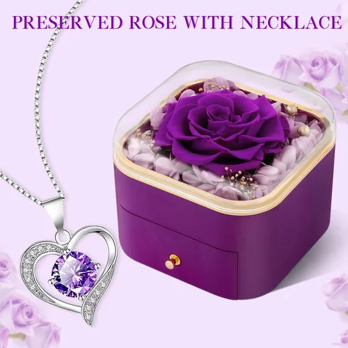 Vista 8 de Beferr Regalos de cumpleaños para mujeres, rosa real preservada con collar, rosas moradas eternas, flores para la entrega, aniversario, día de la A