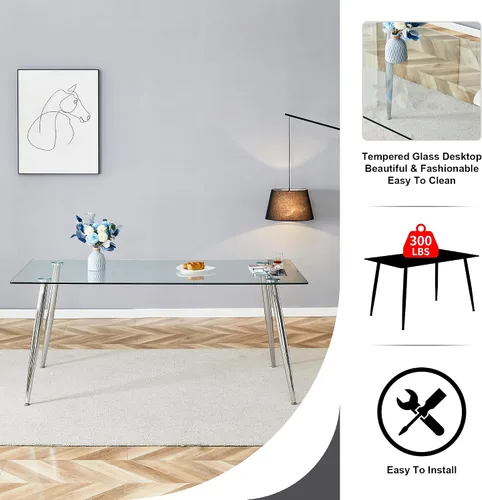 Vista 7 de A 71"x35.4" Heat Resistant Clear Tempered Glass Dining Table with Silver Metal Legs