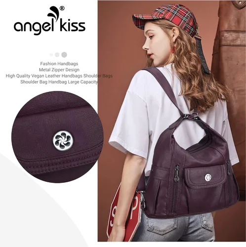 Vista 6 de Angel Kiss Purses and Handbags for Women Washed Vegan Leather Crossbody Hobo Satchel Shoulder Mutipocket Tote Purse