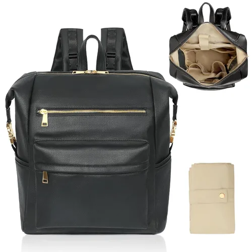 Vista 8 de Omanmoli Mochila para pañales, bolsa grande de neopreno para niños y niñas con 15 organizadores de bolsas de pañales, 2 bolsillos aislados, Negro