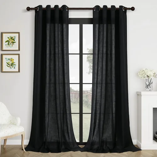 Vista 80 de Cortinas de lino negro para dormitorio y sala de estar de 84 pulgadas de largo, juego de 2 paneles, para habitación de niños, filtro de luz