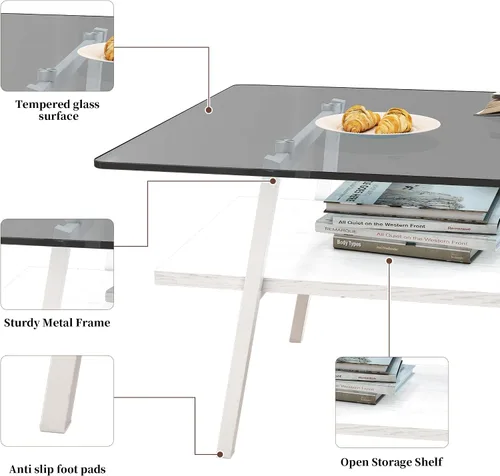 Vista 5 de Mesa de centro de cristal para sala de estar, mesa de centro de 2 niveles de mediados de siglo, mesa central con parte superior de vidrio templado