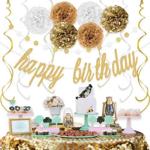 Vista 5 de KOKAR Decoraciones doradas de feliz cumpleaños: pancarta dorada de feliz cumpleaños, pompones de papel, remolinos colgantes y guirnalda de puntos