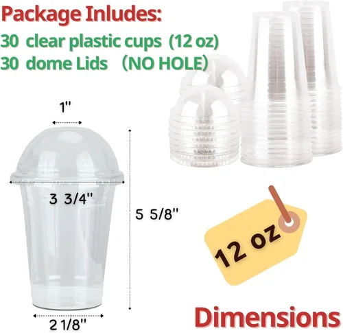 Vista 2 de Vasos de plástico transparente de 12 onzas con tapas de cúpula sin agujero, (30 juegos), taza de postre desechable para PET, taza de parfait