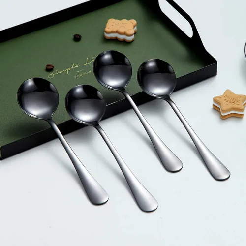 Vista 2 de Berglander - Juego de 4 cucharas de sopa negras de acero inoxidable chapado en titanio de 7.5 pulgadas, cucharas redondas brillantes, juego