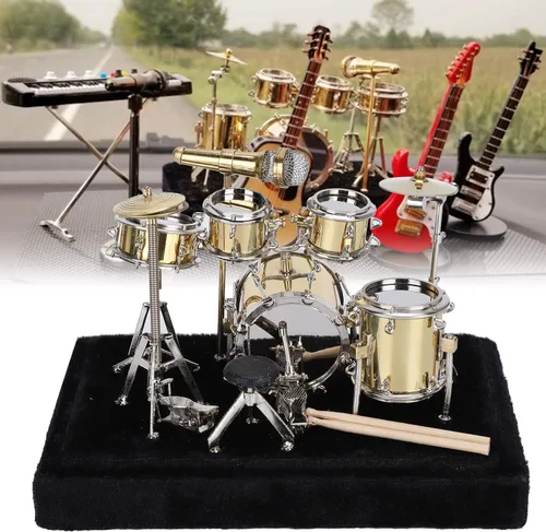 Vista 5 de Cyrank Mini modelo de kit de batería, modelo de instrumento musical dorado de metal, adorno de exhibición con soporte y estuche en miniatura