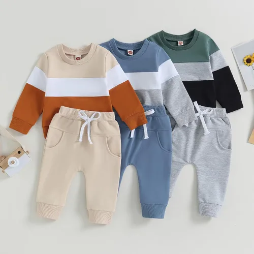 Vista 7 de Conjunto de ropa de 2 piezas de sudadera de manga larga con colores contrastantes para bebé niño