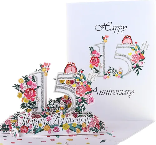 Vista 2 de iGifts And Cards Tarjeta desplegable 3D de 15 aniversario – aniversario de boda de 15 años para pareja, recuerdo romántico para marido, esposa