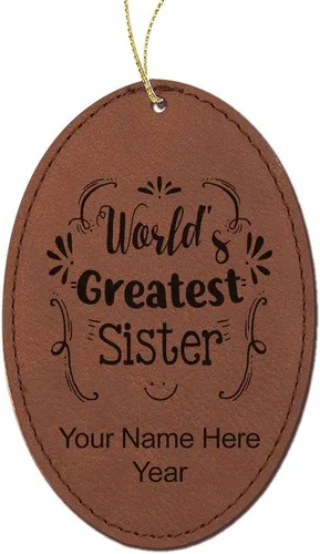 Vista 11 de LaserGram Personalized Christmas Ornament, World's Greatest Sister, Faux Leather, Custom Laser Engraved Gift Idea (Oval Shape, Black with Gold)
