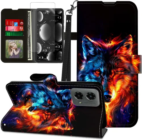 Vista 435 de Funda para Motorola Edge 2022 con protector de pantalla, soporte y tarjetero y correa para la muñeca, funda magnética para Moto Edge 2022 5G UW Lobo