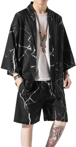 Vista 6 de Ambcol Men's Japanese Style Kimono Tops Shorts Sets Lightweight Casual 34 Sleeve Open Front Cardigan Suits