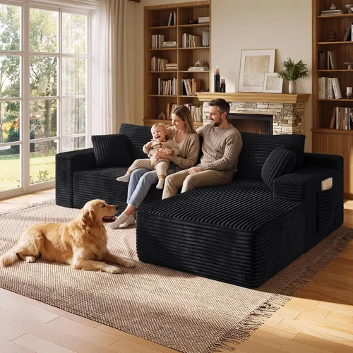 Vista 8 de WINBOY Sofás deshuesados en forma de L de 106 pulgadas para sala de estar, cómodo asiento profundo modular, sofá de pana comprimido, negro, Chiase