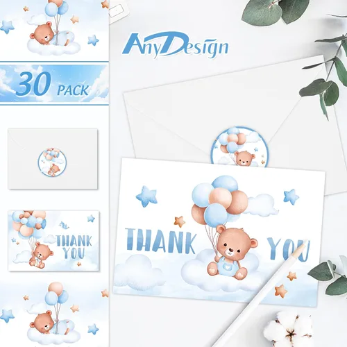 Vista 2 de AnyDesign Tarjetas de agradecimiento de oso para baby shower, paquete de 30 tarjetas de felicitación con globos de oso azul de dibujos animados