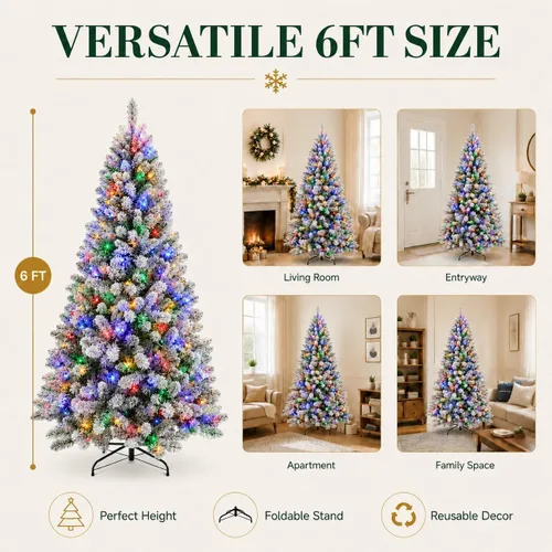 Vista 7 de Árbol de Navidad flocado de 6 pies preiluminado, árbol de Navidad Blanco (luz coloreada)