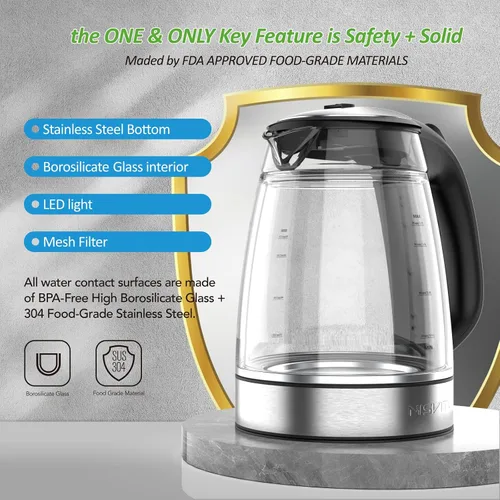 Vista 7 de NISVITU Hervidor eléctrico inalámbrico de vidrio y acero inoxidable para hervir agua, hervidor de agua caliente Hervidor eléctrico de té con apagado
