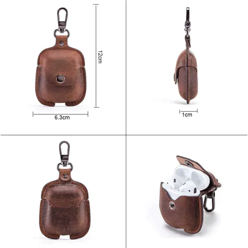 Vista 2 de Genuine Leather Case Compatible with AirPods 1 & 2, Full Grain Crazy Horse Leather Protective Cover with Keychain, Supports Wireless Charging（Brown