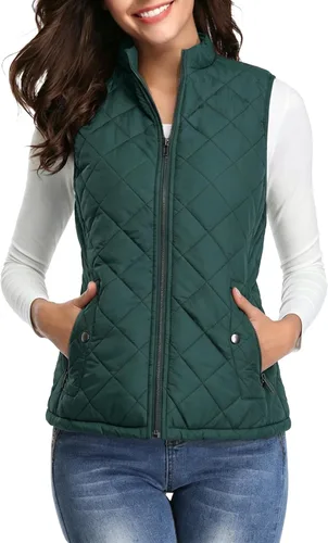 Vista 16 de Fuinloth Women's Quilted Vest Lightweight Puffer Stand Collar Zip Gilet Beige