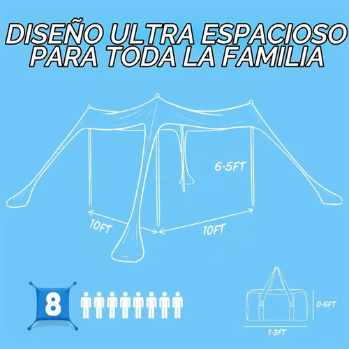 Vista 3 de Sekey Toldo de playa de aluminio con protección solar UPF 50+ - Toldo de playa portátil de 10 x 10 pies con cuerda resistente al viento y postes