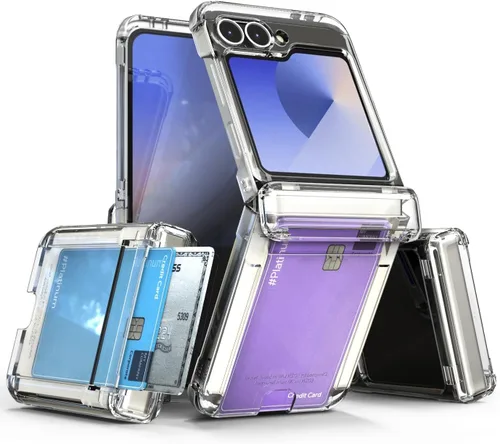 Vista 26 de para Galaxy Z Flip 5 Funda con 2 ranuras para tarjetas, funda rígida delgada y resistente con protección de bisagra, funda completa con protección