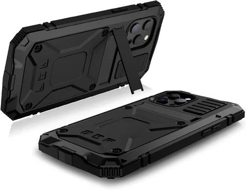Vista 7 de Lunivop Funda de metal compatible con iPhone 13 Pro Max, protector de pantalla integrado para deportes al aire libre, protección resistente, a Negro