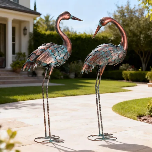 Vista 7 de chisheen Estatuas de jardín de grúa para exteriores, decoración de jardín de garza de metal, escultura de pájaro, decoración para patio exterior