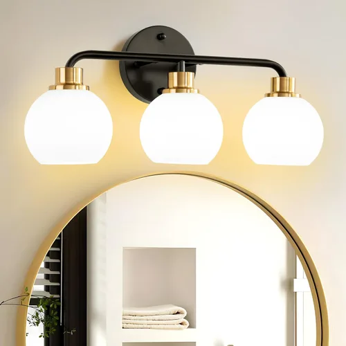 Vista 11 de Lámparas de baño doradas para tocador, 3 luces, apliques de pared, luces de latón cepillado con pantalla de vidrio martillado, lámpara de pared