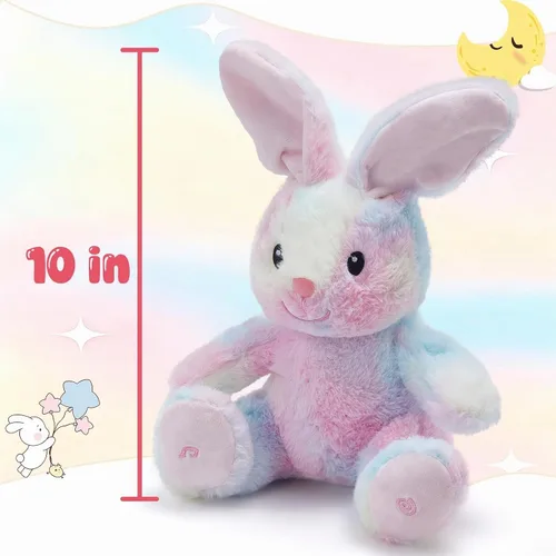 Vista 6 de Glow Guards Peek-a-Boo - Peluche de conejo de 10 pulgadas, juguete de peluche de conejo arcoíris que canta, juguetes de peluche interactivos