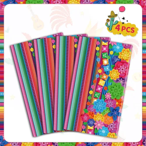 Vista 5 de Mantel de plástico para fiesta mexicana, 4 unidades, diseño de flores de papel a rayas mexicanas, decoración rectangular para fiesta de taco