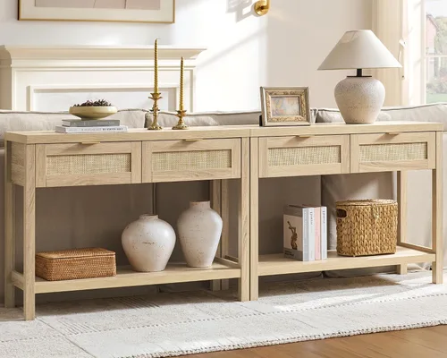 Vista 12 de SICOTAS Mesa consola negra con cajones de ratán - Mesa de entrada de ratán boho con almacenamiento, mesas consola pequeñas para entrada, mesa