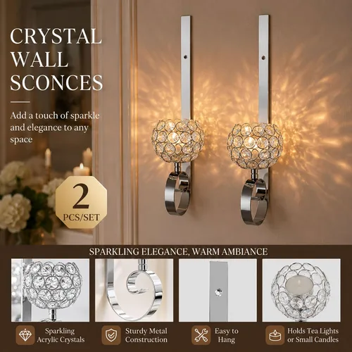 Vista 3 de Crystal Candle Sconces for Wall Metal Candle Holders for Wall Home Décor
